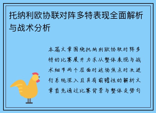托纳利欧协联对阵多特表现全面解析与战术分析